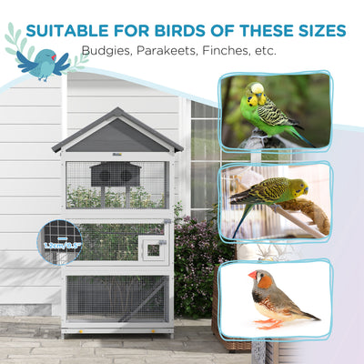 PawHut Wooden Bird Cage, with Stand, for Finches, Parakeets, Small birds - Grey 