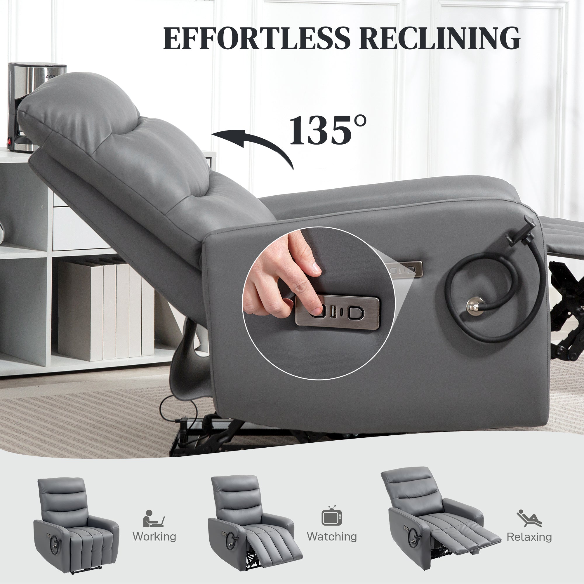 HOMCOM Electric Recliner Armchair with USB + Type C Charge Port, Phone Holder, PU Leather Reclining Chair with Adjustable Leg Rest, Recliner Chair for Home Living Room Theater, Grey 