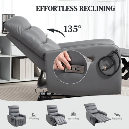HOMCOM Electric Recliner Armchair with USB + Type C Charge Port, Phone Holder, PU Leather Reclining Chair with Adjustable Leg Rest, Recliner Chair for Home Living Room Theater, Grey 