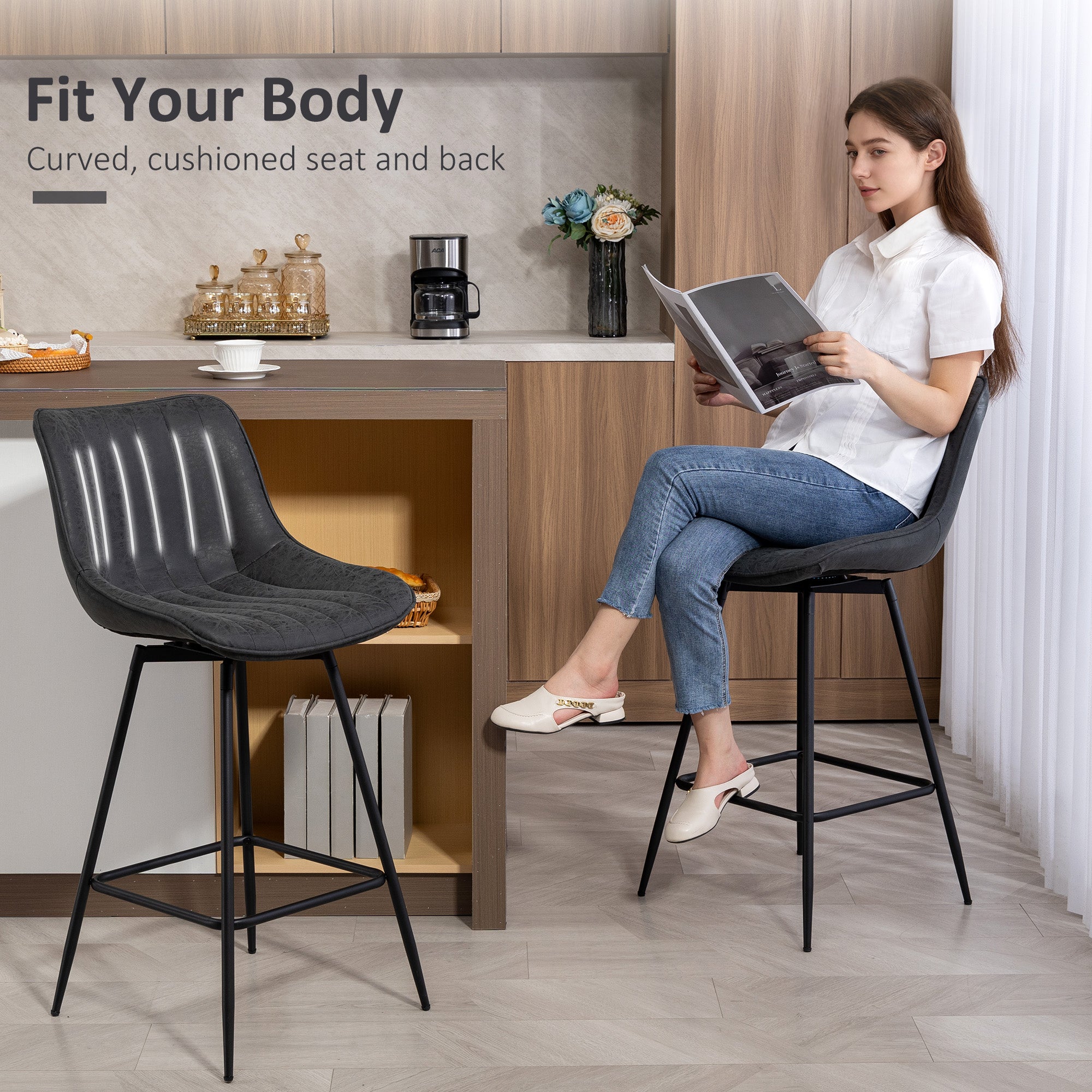 HOMCOM Set of 2 PU Leather Swivel Bar Stools - Black 
