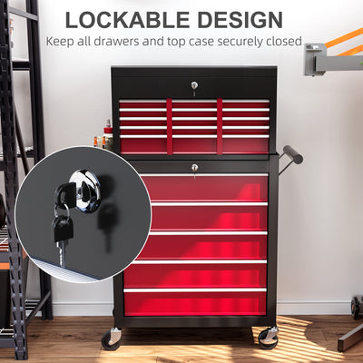 HOMCOM 19 Drawer, Two-Part Tool Storage Chest on Wheels - Red 