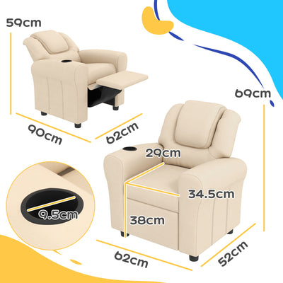 HOMCOM Kids Recliner Chair, PU Leather with Adjustable Backrest, Footrest, Padded Headrest, Beige 