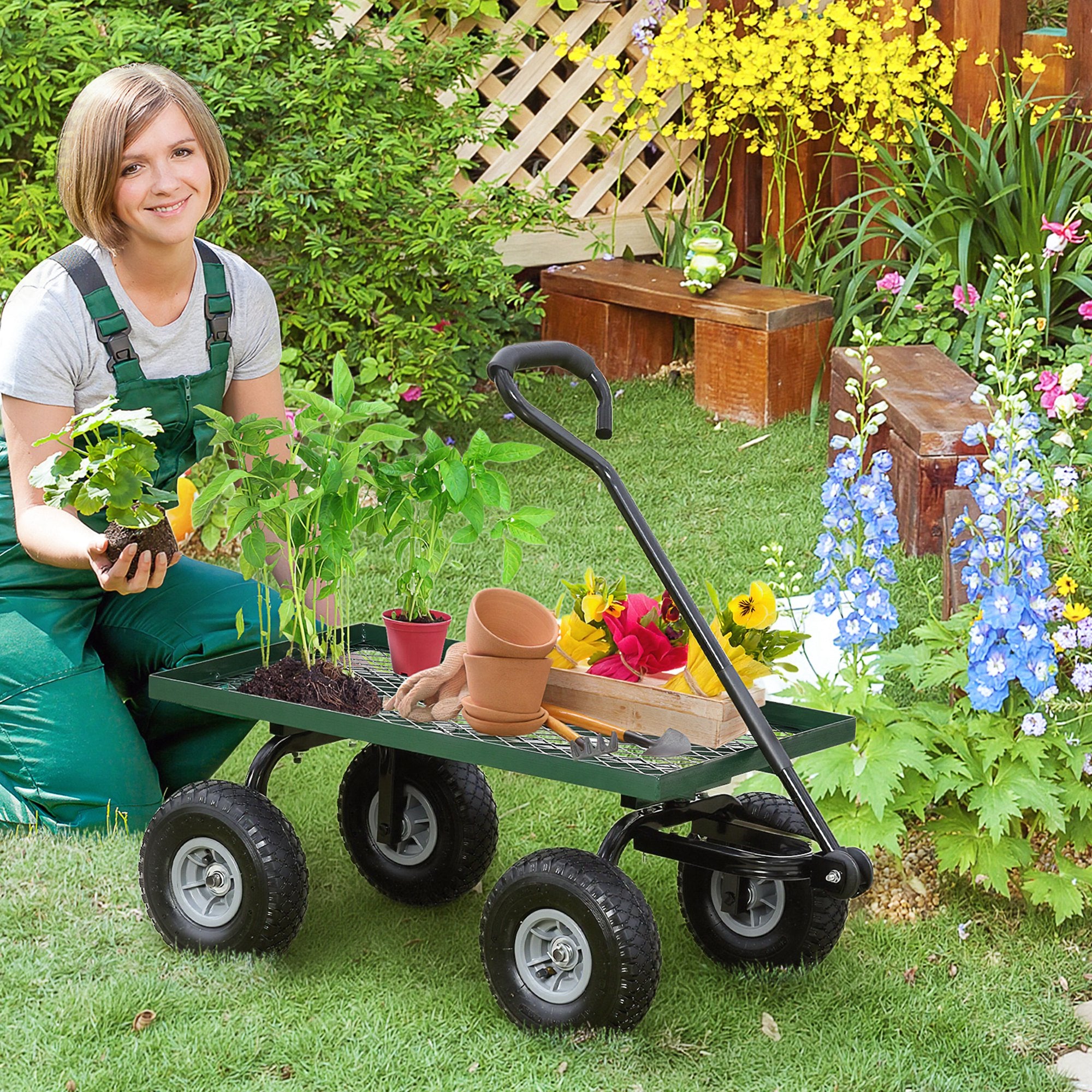 Outsunny Garden Trolley Cart, Heavy Duty Garden Cart with Metal Frame, 10" Pneumatic Wheels, Rotating Handle, 150kg Capacity, for Garden, Farm, Green 