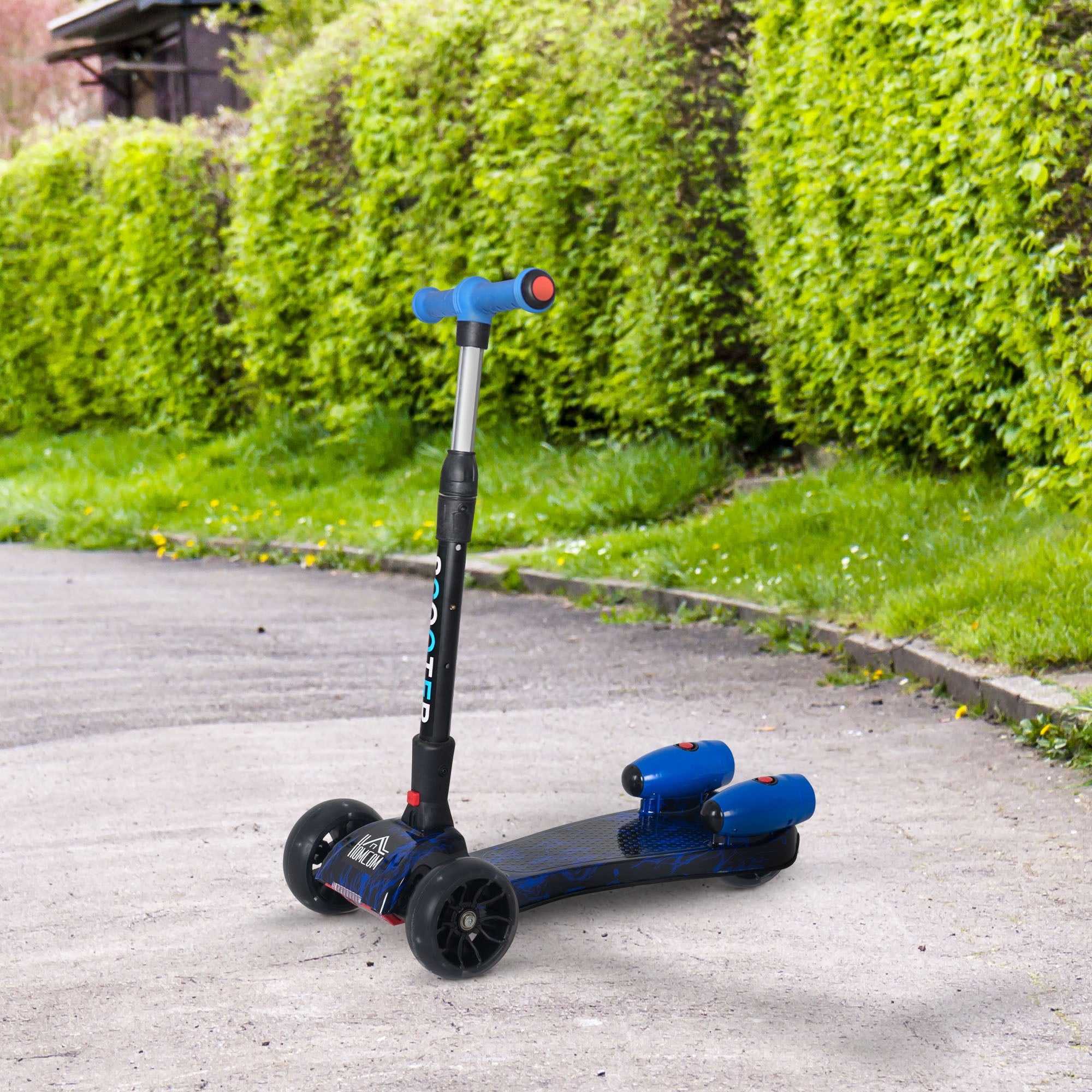 HOMCOM Kids Scooter, 3 Wheel Foldable Kick Scooter Adjustable Height w/ Flashing Wheels, Music, Water Spray for 3-6 Years, Blue 