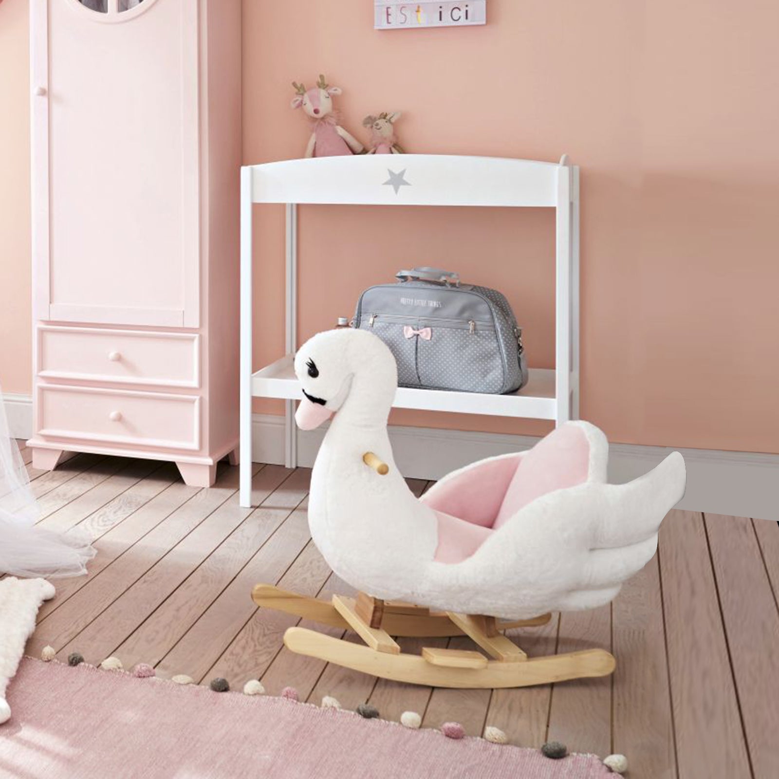 HOMCOM Kids Rocking Horse Plush Ride On Swan Toy w/ Safety Seat for Toddler 18 Months +, White and Pink 