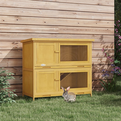 PawHut Double Decker Rabbit Hutch 2 Tier Guinea Pig House Pet Cage Outdoor with Sliding-out Tray, 100 x 47 x 91cm, Yellow 