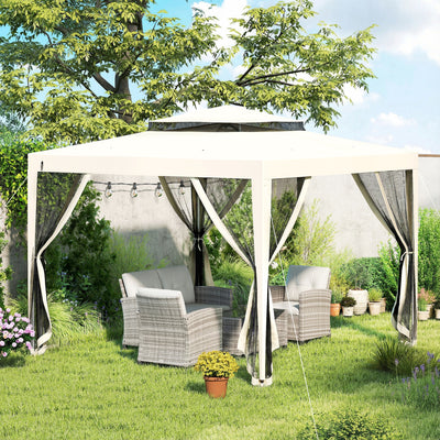 Outsunny 3 x 3 m Gazebo, Netting Party Tent, Patio Canopy Outdoor Event Shelter with Double Tier Roof, Cream White 