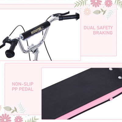 HOMCOM Kids Scooter, Teen Kick Scooter with Rubber Wheels, 16" Front Wheel, Height Adjustable Handlebar, Dual Brakes, Kick Stand, for 5+ Years, Pink 