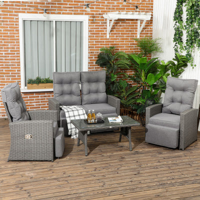 Outsunny 4 Piece Rattan Garden Furniture Set Outdoor Sofa Sectional Set with Glass Top Table for Poolside, Grey 