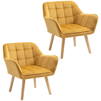 HOMCOM Armchair Accent Chair, Vanity Chair with Wide Arms, Slanted Back, Padding, Metal Frame, Wooden Legs, Home Bedroom Furniture Seating, Set of 2, Yellow 