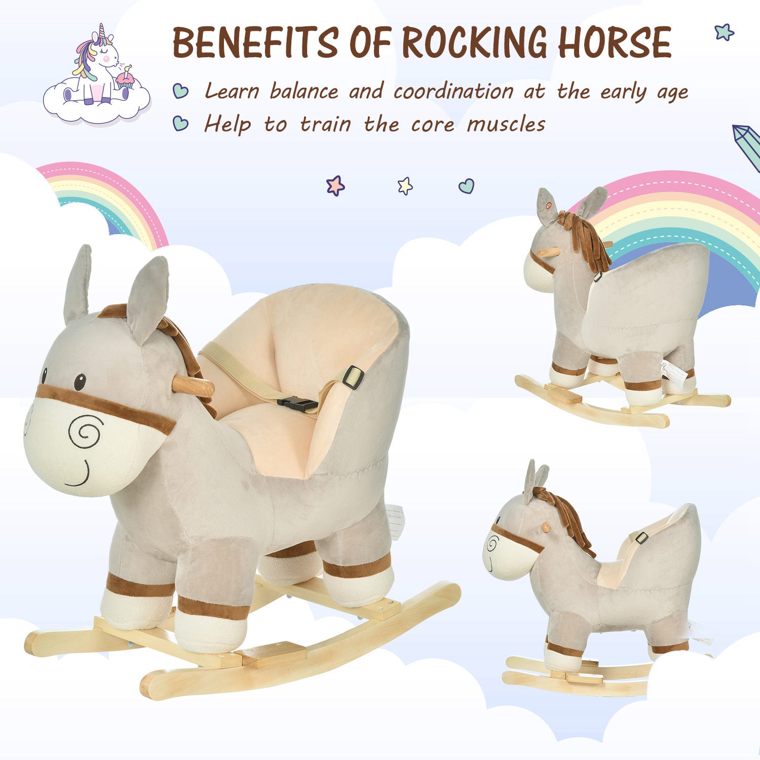 HOMCOM Kids Children Rocking Horse Plush Ride On Donkey Seat w/ Sound Wood Base Seat Safety Belt Toddler Baby Toy Rocker Grey 18 - 36 Months 