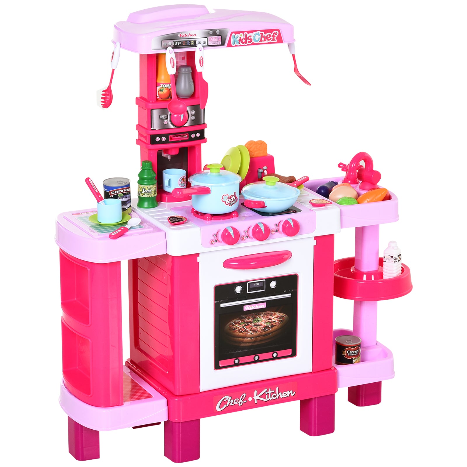 HOMCOM 38 Pcs Kids Children Kitchen Play Set w/ Realistic Sounds Lights Food Utensils Pots Pans Appliances Toy Game Pink 