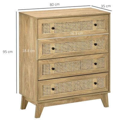 HOMCOM Storage Cabinet, 4-Drawer Unit with Rattan Element for Bedroom, Living Room, 80cmx35cmx95cm, Wood Effect 