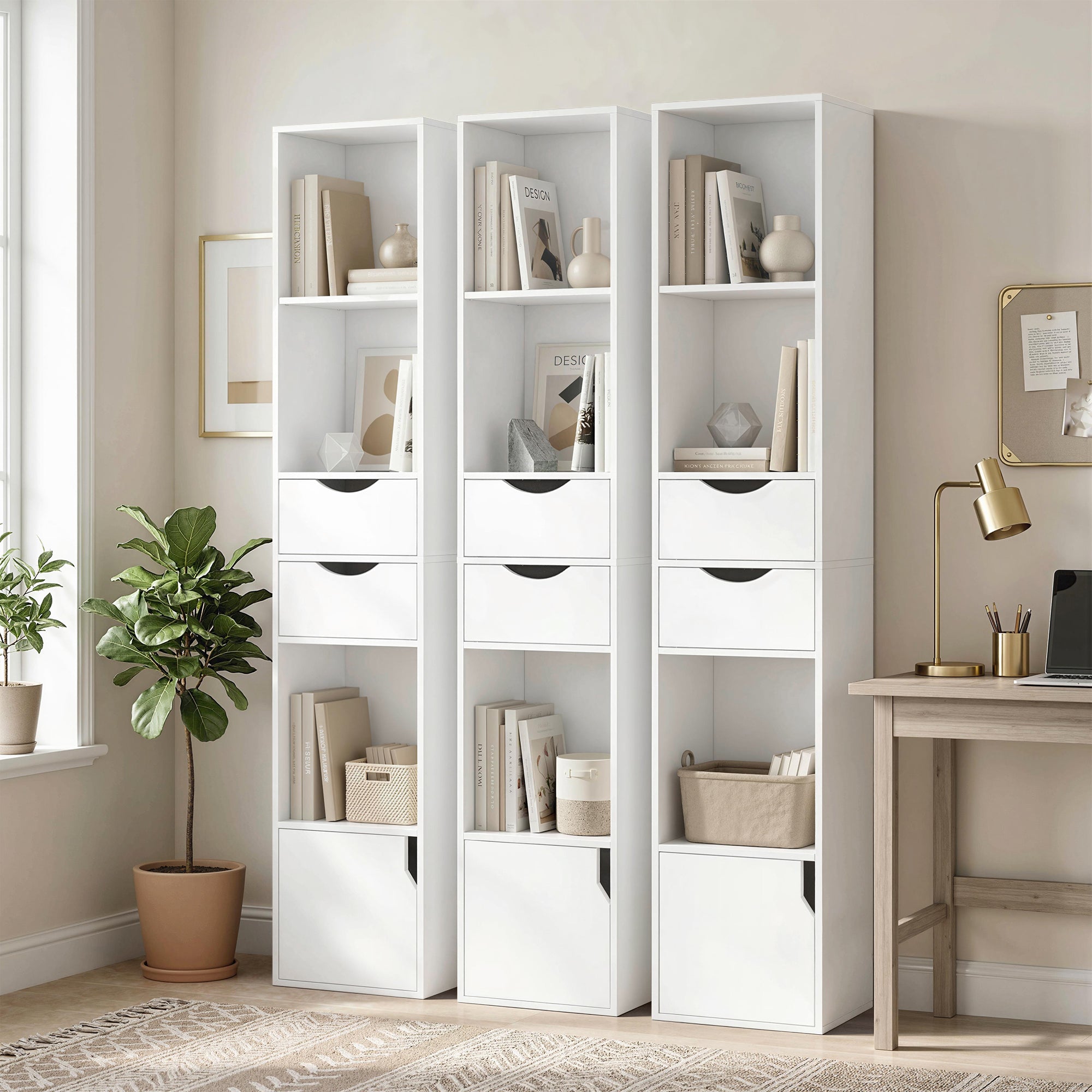 HOMCOM Bookcase with Drawers Adjustable Shelf Bookshelf with 2 Drawers and Cabinet 158 cm White 