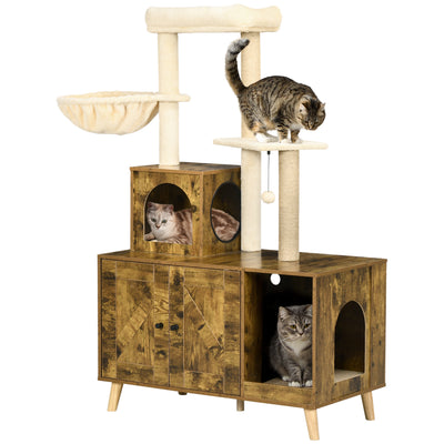 PawHut Cat Litter Box Enclosure, with Tree Tower, Cat House, Hammock, Cushion - Rustic Brown 