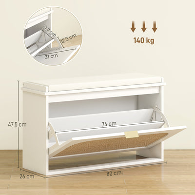 HOMCOM Boho Shoe Bench with Padded Seat and Flip-Drawer - White 