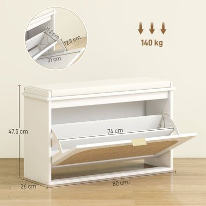 HOMCOM Boho Shoe Bench with Padded Seat and Flip-Drawer - White