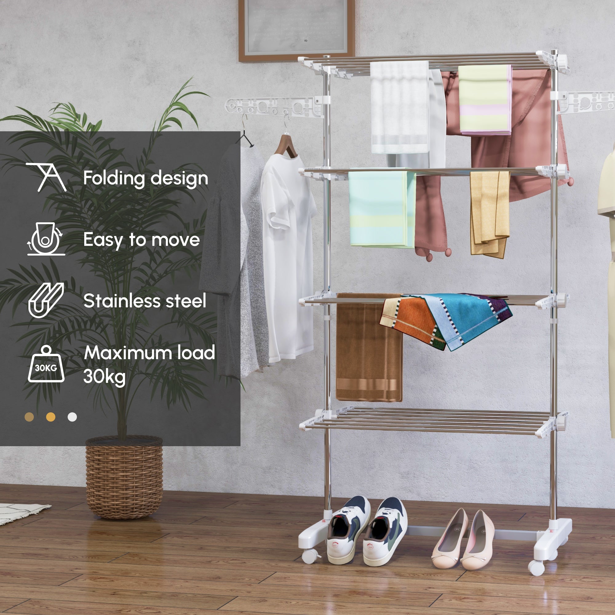 HOMCOM Four-Shelf Collapsing Clothes Horse, With Side Arms and Wheels - White 