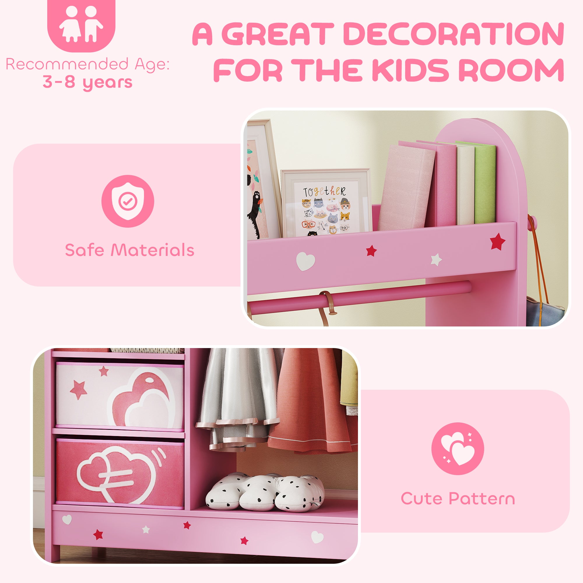 AIYAPLAY Kids Clothes Rail, Kids Wardrobe with Mirror, Shelves, Fabric Storage and Hooks for Bedroom, Nursery, Pink 