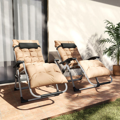 Outsunny 2 Piece Reclining Zero Gravity Sun Loungers with Cushions, Khaki 