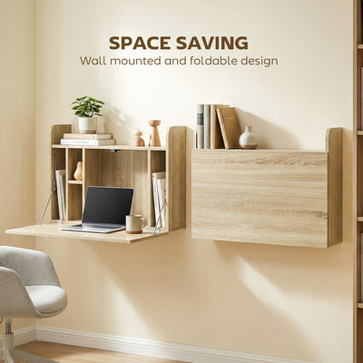 HOMCOM Wall Mounted Desk, Drop Leaf Floating Laptop Desk with Space Saving Storage Compartments for Home Office, Oak 