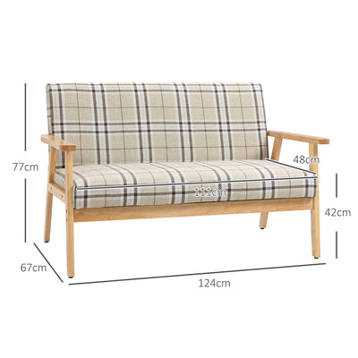 HOMCOM Compact Loveseat Couch Double Seat Sofa with Lattice Pattern and Rubber Wood Frame Beige and Coffee 