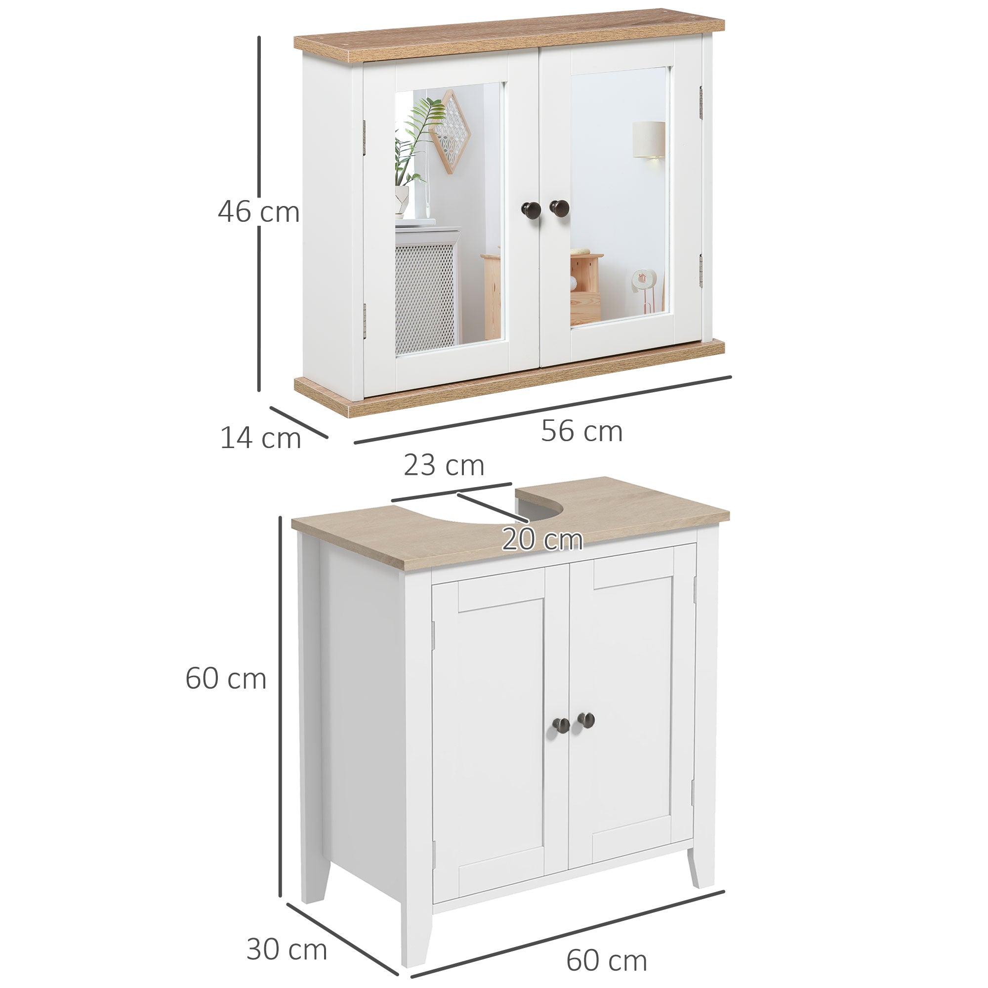 kleankin Bathroom Furniture Set, Mirror Cabinet Wall Mounted with Adjustable Shelf, Bathroom Sink Cabinet with Storage, White and Wood Grain 