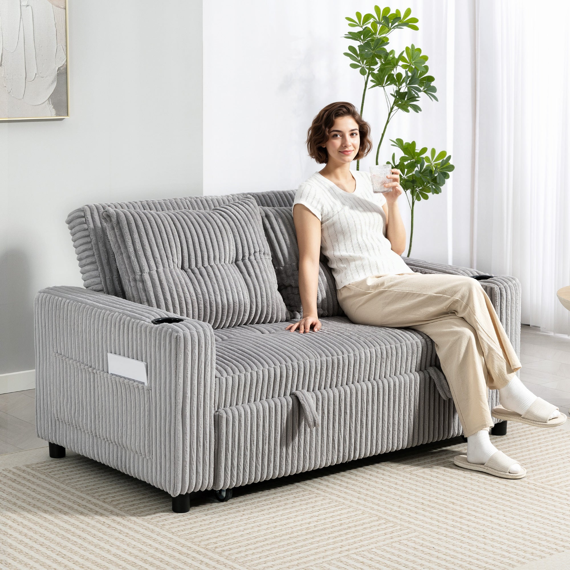 HOMCOM 2 Seater Click Clack Sofa Bed with Pull Out Design, Corduroy Upholstery - Light Grey 