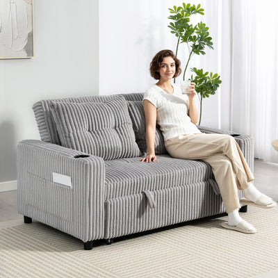 HOMCOM 2 Seater Click Clack Sofa Bed with Pull Out Design, Corduroy Upholstery - Light Grey 