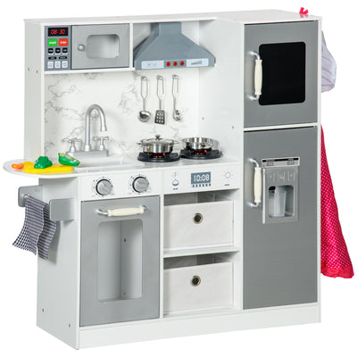 AIYAPLAY Toy Kitchen with Lights, Sounds, Apron and Chef Hat, Ice Maker, Microwave, for Ages 3-6 Years - White 