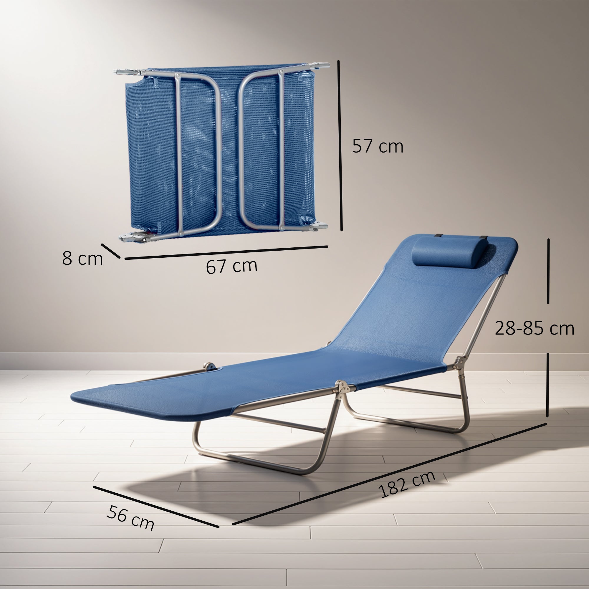Outsunny Folding Sun Lounger with Head Pillow - Dark Blue 