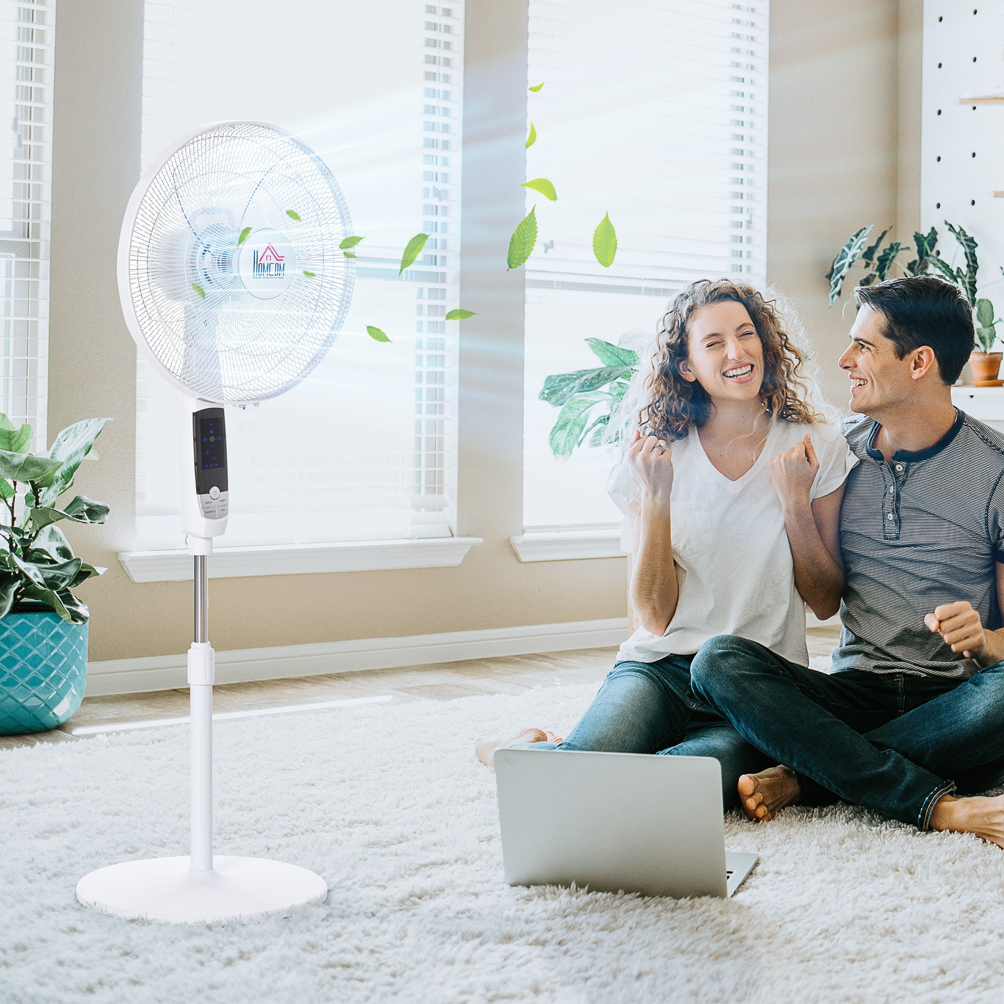 HOMCOM 16'' Pedestal Stand Fan, 3 Speed 3 Mode, 85° Oscillation, LED Panel, 3M Remote Controller, Height Adjustable for Living Room, Bedroom, Garage, Office, Black and White 