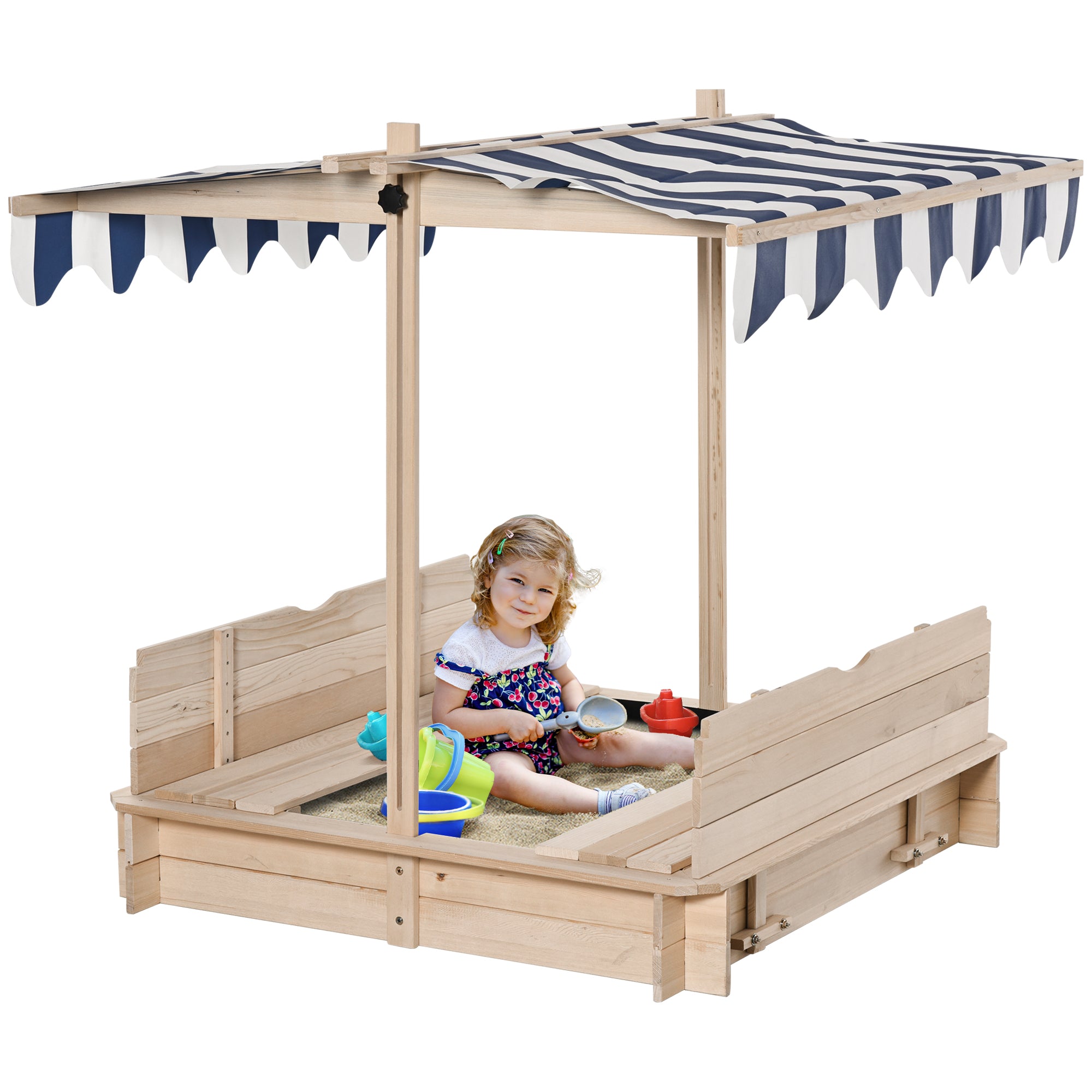 Outsunny Kids Wooden Sand Pit with Lids Children Sandbox Height Adjustable Canopy for Garden, Convertible Bench Seat Outdoor Backyard Playset, Blue and White Canopy 