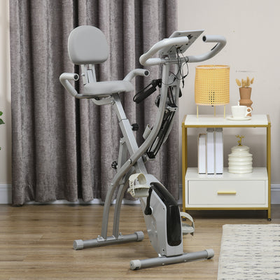 HOMCOM 2-in-1 Folding Exercise Bike with 8-Level Magnetic Resistance, Arm Resistance Band, Pulse Sensor, Grey 