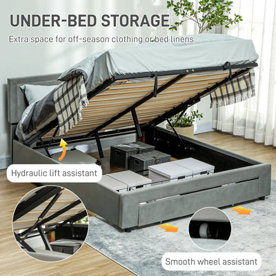 HOMCOM Double Size Ottoman Bed Frame, with Front Drawer - Grey 