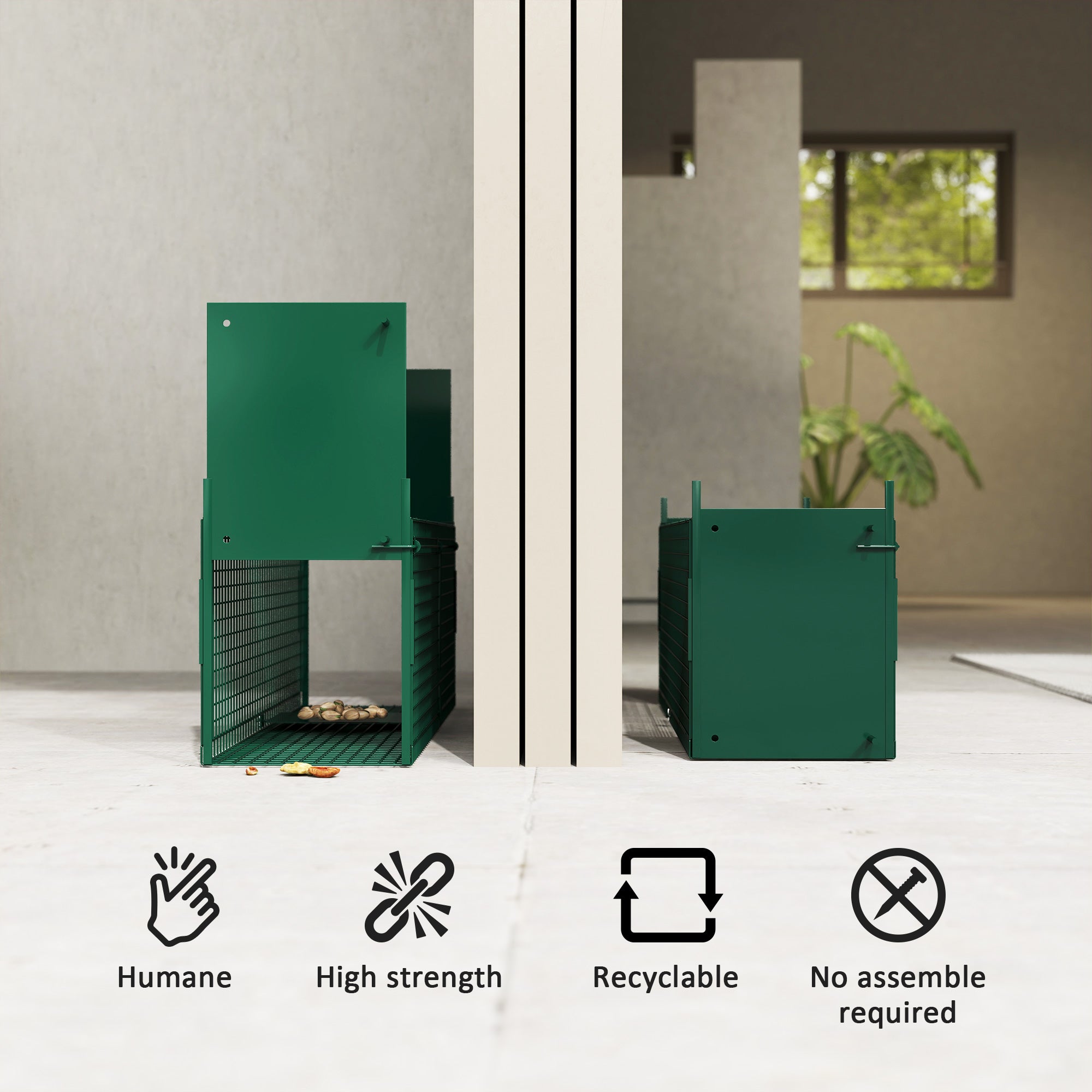Outsunny Animal Trap Cage, Humane Rat Trap with Double Doors, Squirrel Trap for Indoors & Outdoors, Catch and Release Mice, Rats, Rodents, 60 x 18 x 20 cm, Green 