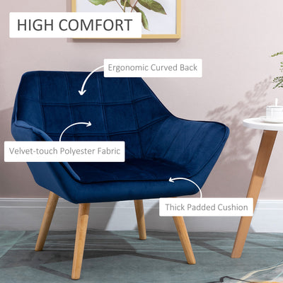HOMCOM Armchair Accent Chair Wide Arms Slanted Back Padding Steel Frame Wooden Legs Home Bedroom Furniture Seating Blue 
