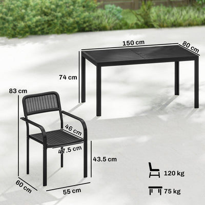 Outsunny Garden Dining Set for 6, Faux Wood Metal Outdoor Table and Stackable Chairs with Plastic Rattan Effect Seat, Black 