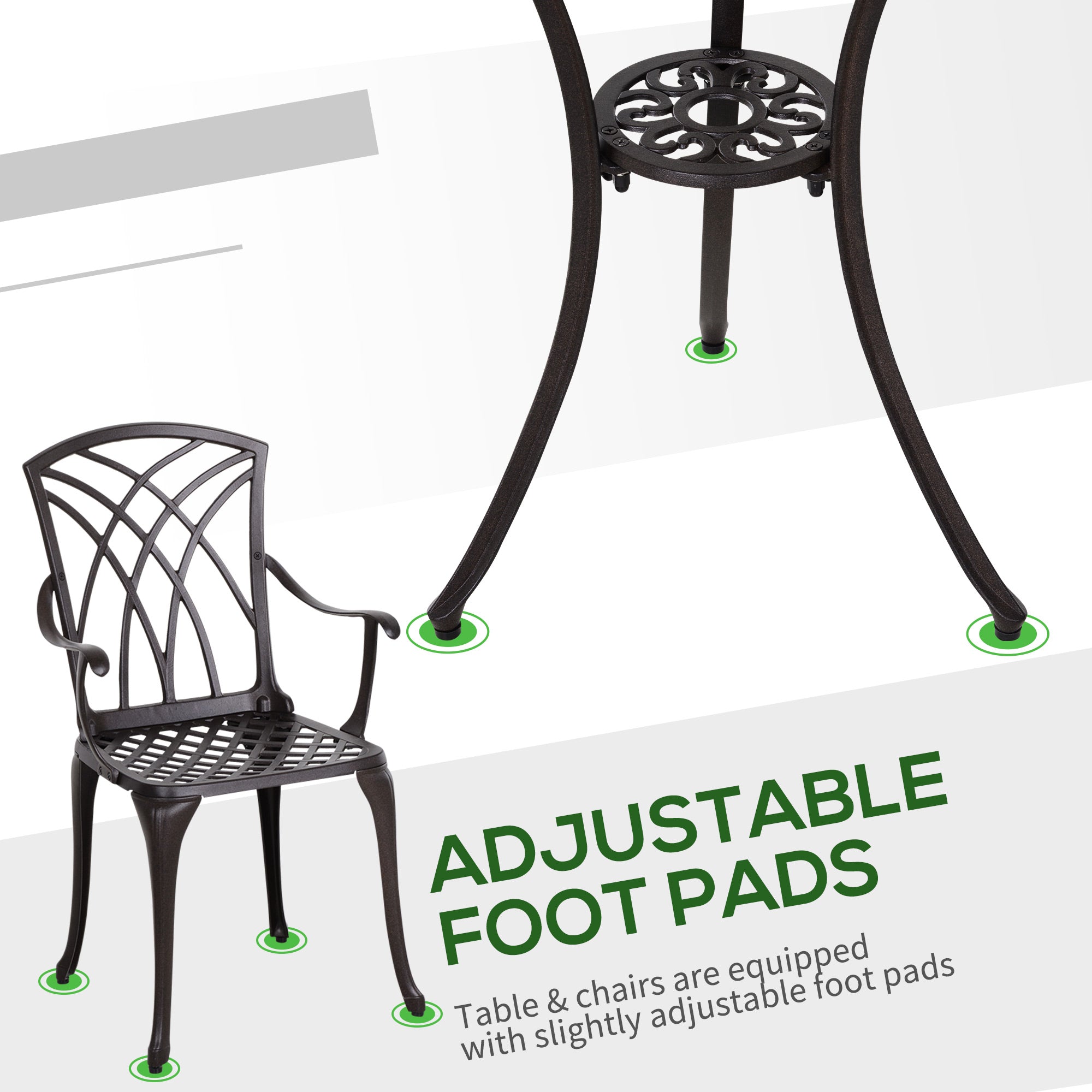 Outsunny 3 Pieces Garden Dining Set for 2, Cast Aluminium Outdoor Dining Set with 2 Armchairs and Round Dining Table with Parasol Hole, Garden Furniture Set, Brown 