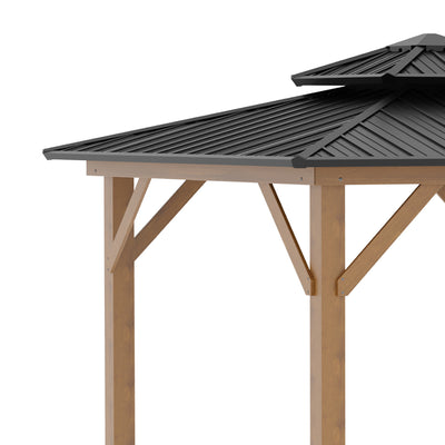 Outsunny 3.5 x 3.5m Outdoor Hardtop Gazebo Canopy with Two-tier Metal Roof and Solid Wood Frame Outdoor Patio Shelter for Patio, Garden, Grey 