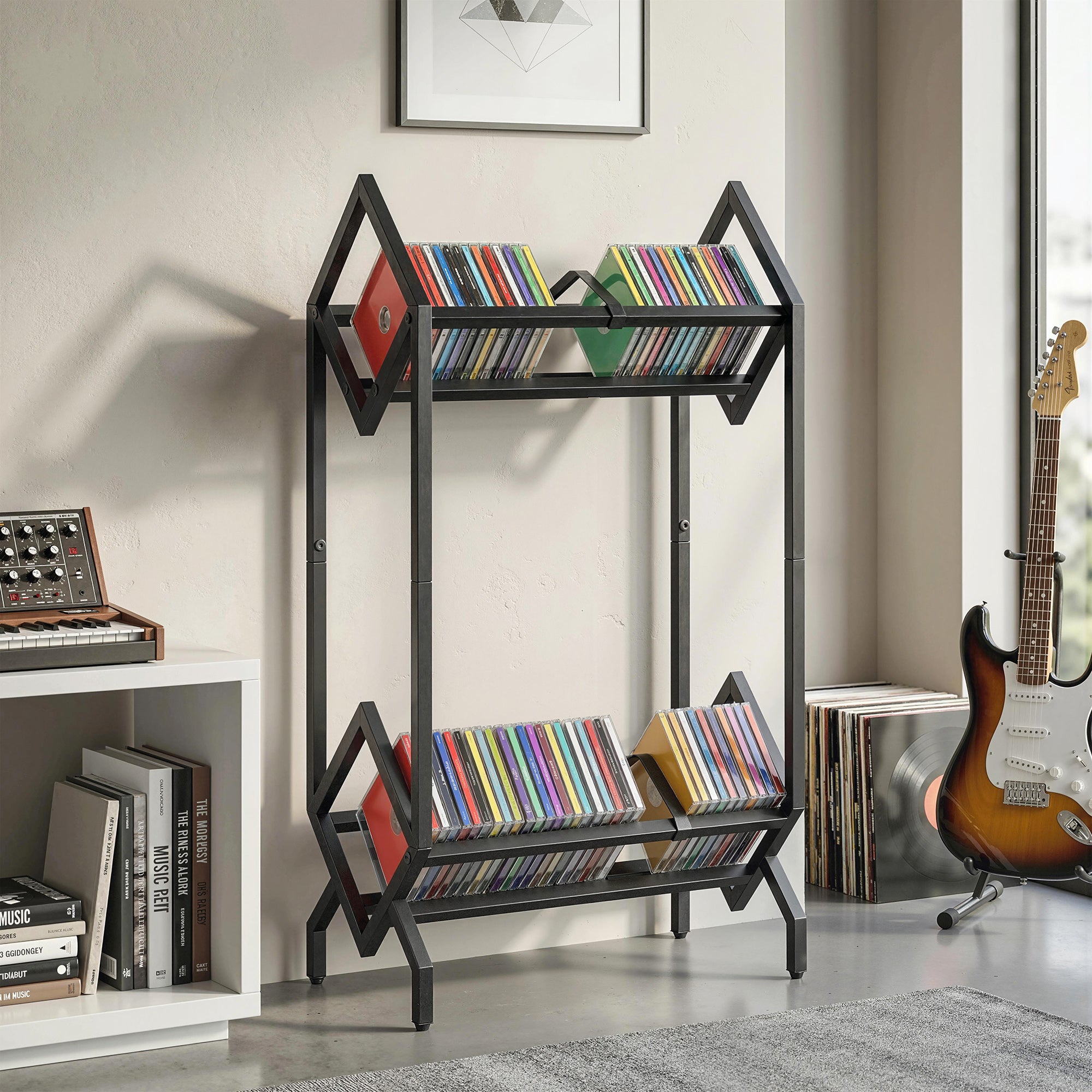 HOMCOM 50 CD Storage Rack, 2-Tier Metal CD Storage Unit, Free Standing, Easy to Assemble, Black 