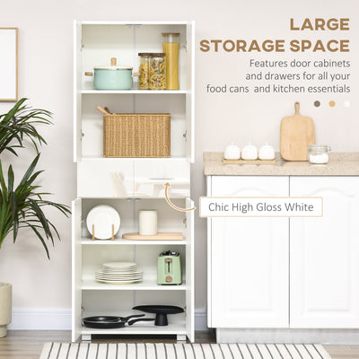 HOMCOM 4-Door Kitchen Cupboard, Freestanding 5-Tier Storage Cabinet with 3 Adjustable Shelves, 2 Drawers for Living Room, Dining Room, Push to Open Design, High Gloss White 