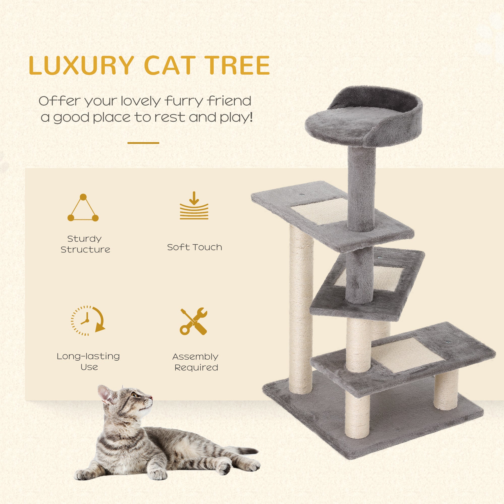 PawHut 100 cm Cat Tree for Indoor Cats Kitten Scratch Scratching Post Climbing Tower Activity Centre Grey 