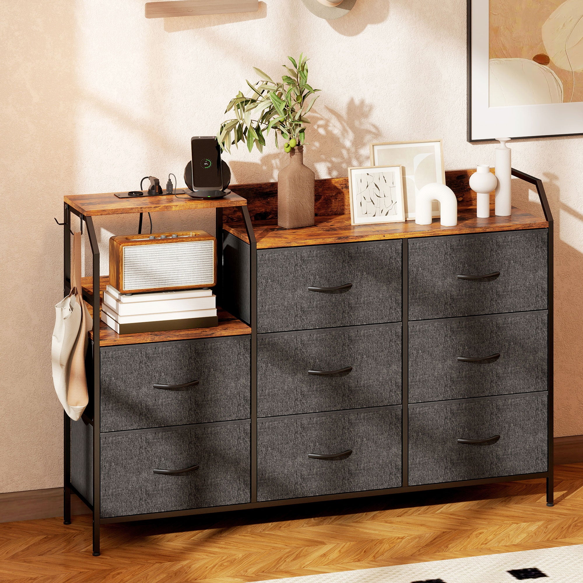 HOMCOM Chest of Eight Drawers, with Charging Station - Brown/Black 