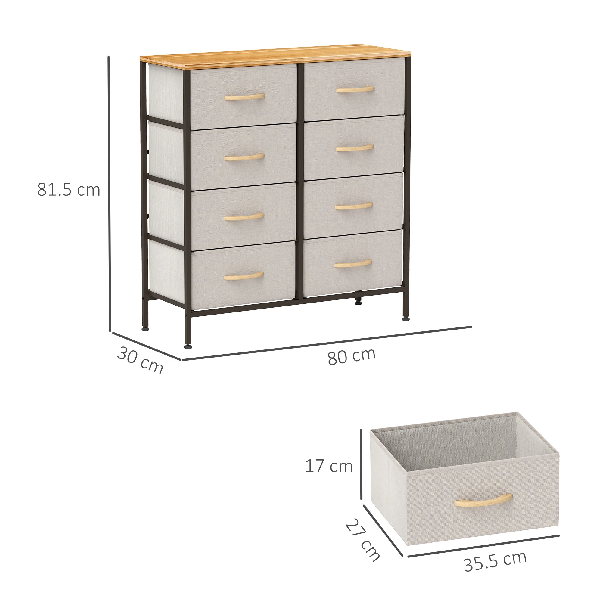 HOMCOM Fabric Chest of Drawers, Storage Drawers, Industrial Bedroom Dresser with 8 Fabric Drawers, Steel Frame and Wooden Top for Nursery, Living Room, Hallway, Cream White 