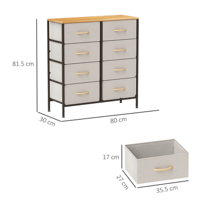 HOMCOM Fabric Chest of Drawers, Storage Drawers, Industrial Bedroom Dresser with 8 Fabric Drawers, Steel Frame and Wooden Top for Nursery, Living Room, Hallway, Cream White 