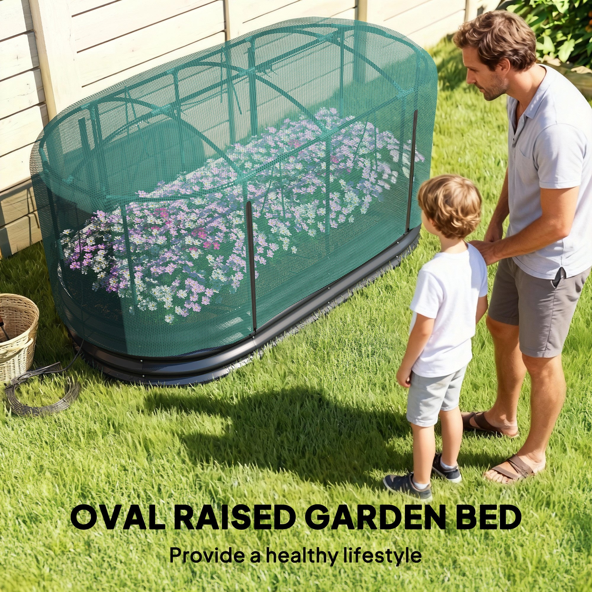 Outsunny Galvanised Raised Garden Bed Kit with Self Watering System and Mesh Cover, Garden Boxes, 6x3Ft, Dark Grey and Green 