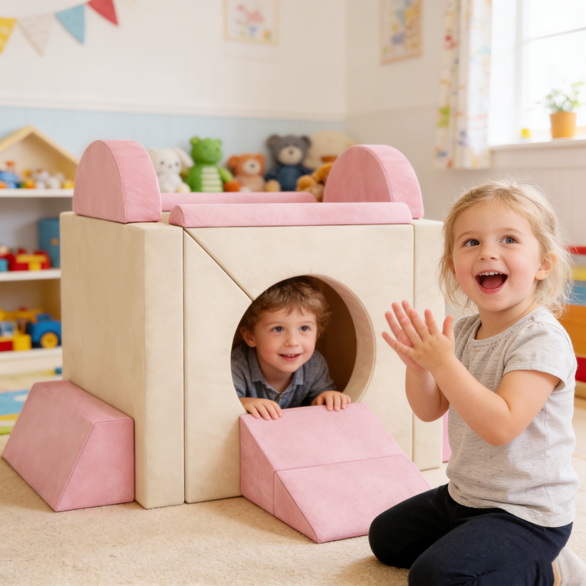 AIYAPLAY Kids Play Sofa, 12 Pieces Foam Modular Soft Play Set for Playroom, Children Convertible Sofa for Boys and Girls, Pink 