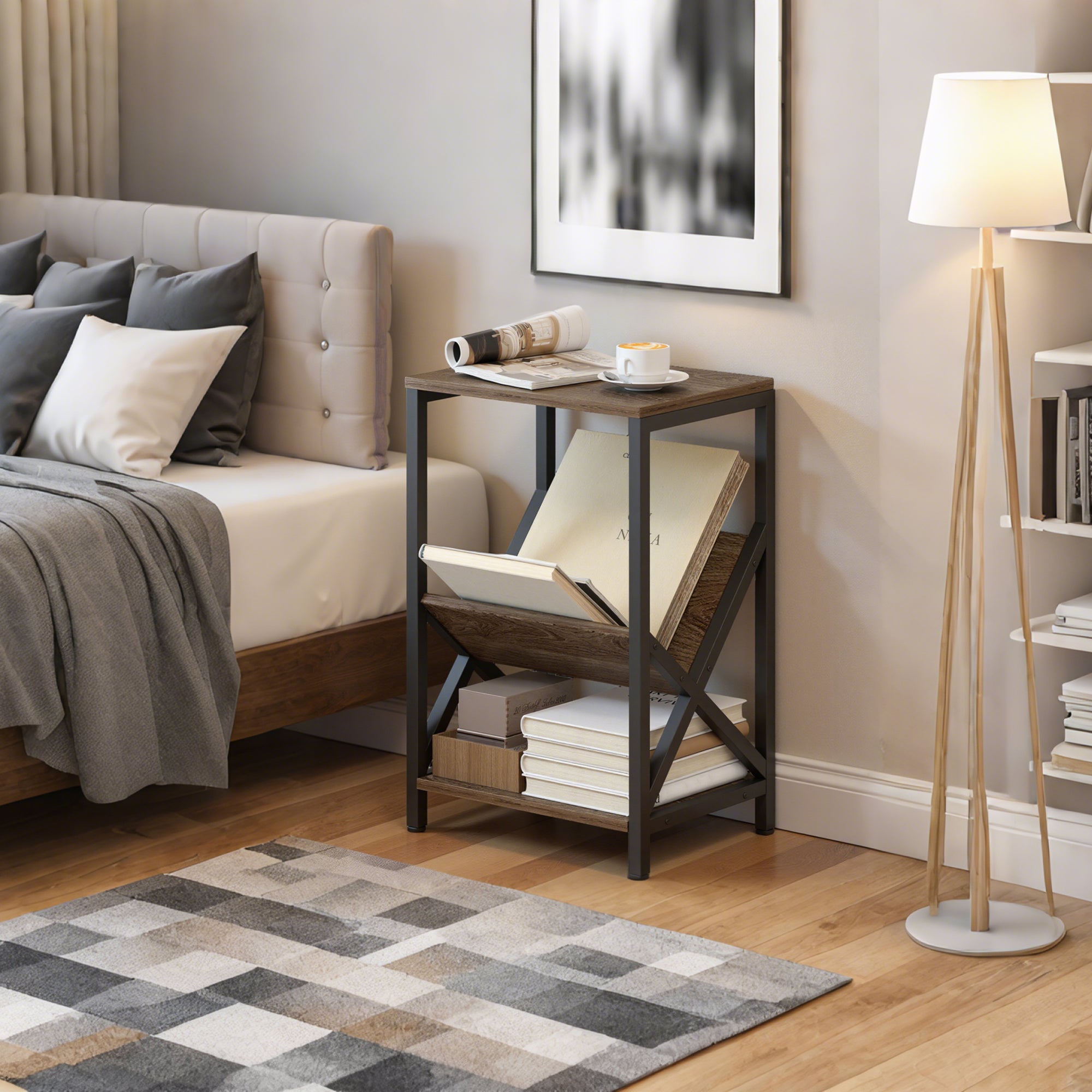 HOMCOM Narrow Side Table, End Table with 3-Tier Storage, V-Shaped Magazine Holder for Living Room, Bedroom, 40 x 30 x 61cm, Oak 