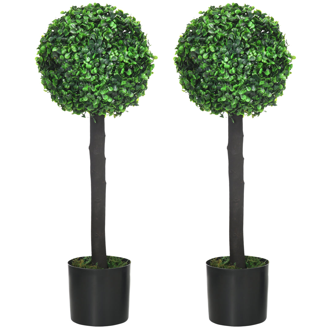 HOMCOM Set of 2 Artificial Plants Boxwood Ball Trees in Pot Fake Plants for Home Indoor Outdoor Decor, 20x20x60cm, Green 